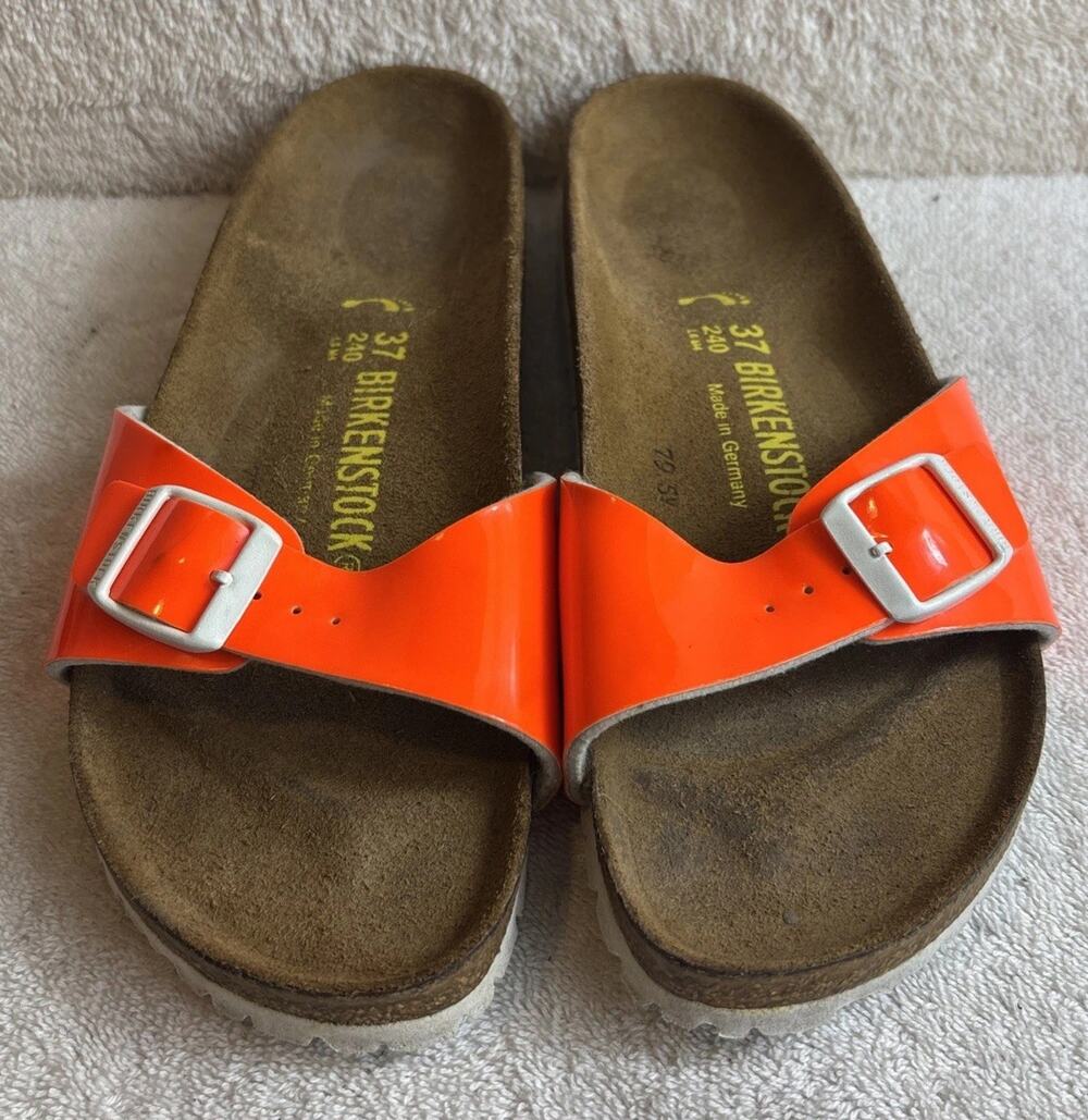 Birkenstock Madrid Women’s Neon Orange Patent Buckle Sandals Size 37 W-6-M-4